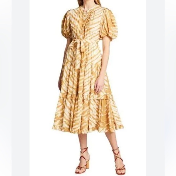 Ulla Johnson Magdalena Midi Dress Sand Tiger Print Puff Sleeves Ruffled - Picture 16 of 16